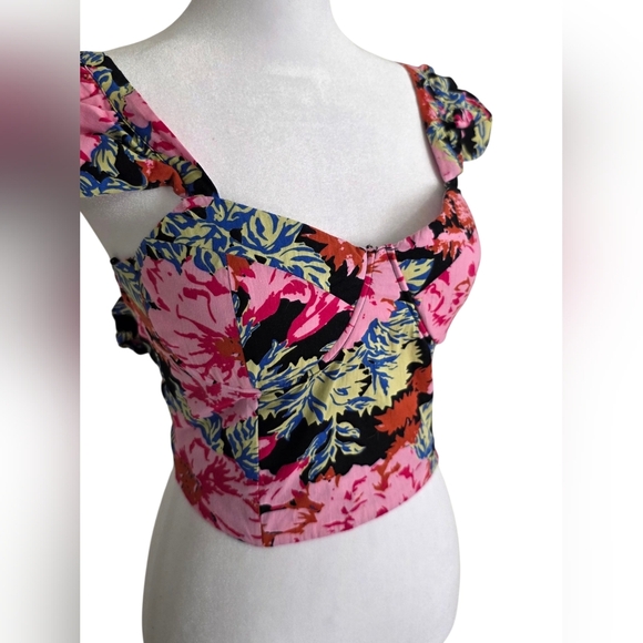 Forever 21 Floral Ruffle Sleeve Crop Top Corset Back With Tie Size XS - Picture 8 of 9